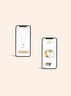 Two smartphones displaying jewelry designs on a beige background
