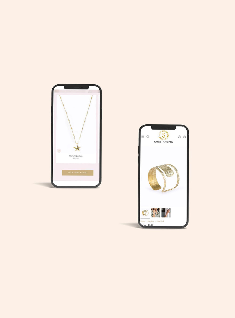 Two smartphones displaying jewelry designs on a beige background